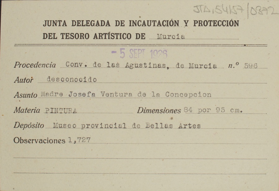 Ficha del cuadro de la Madre Josefa Ventura de la Concepción, de autor desconocido, procedente del Convento de las Agustinas, de Murcia.