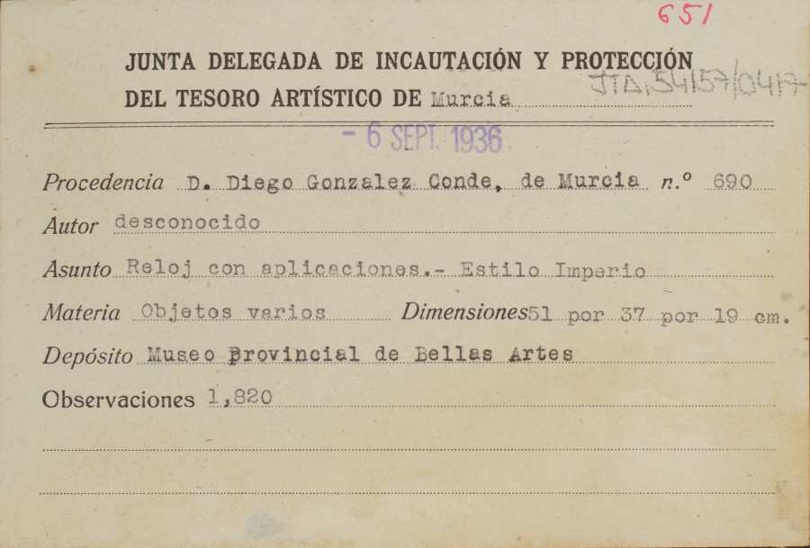 Ficha de Reloj de Estilo Imperio con aplicaciones, de autor desconocido, procedente de Diego González Conde, de Murcia.