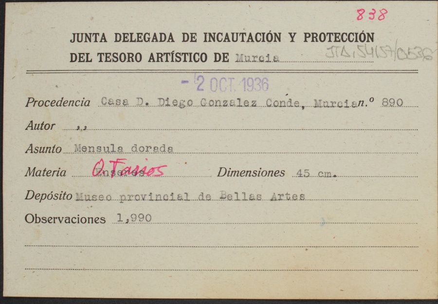 Ficha de una Ménsula dorada, de autor desconocido, procedente de Casa de Diego González Conde, Murcia.