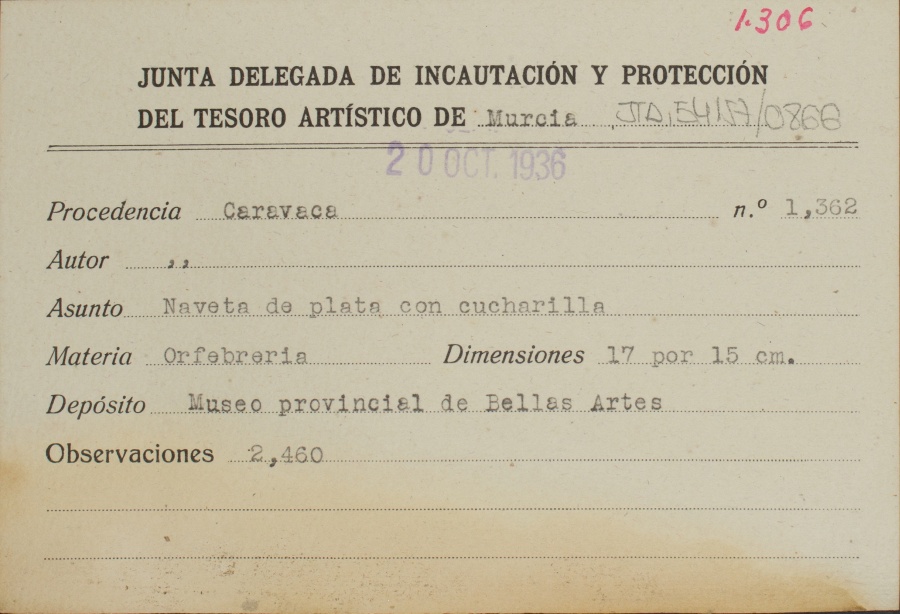 Ficha de una naveta de plata con cucharilla, de autor desconocido, procedente de Caravaca.