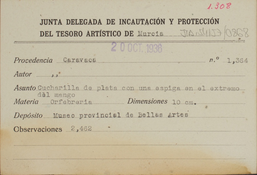 Ficha de una cucharillla de plata con una espiga en el extremo del mango, de autor desconcodido, procedente de Caravaca.