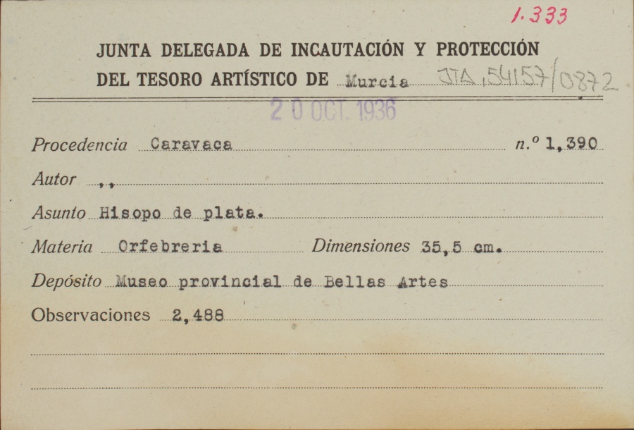 Ficha de un hisopo de plata, de autor desconocido, procedente de Caravaca.