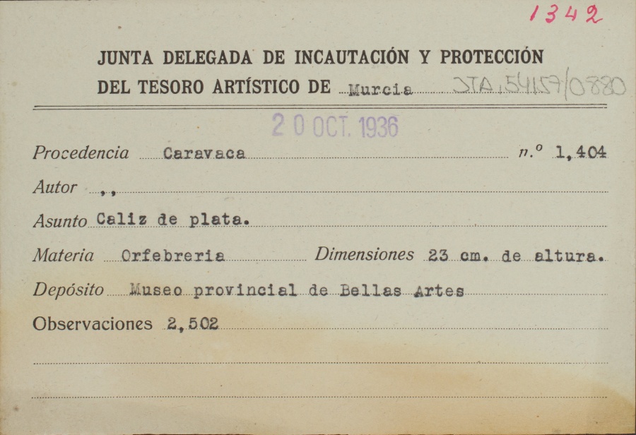 Ficha de un caliz de plata, de autor desconocido, procedente de Caravaca.