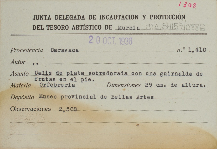 Ficha de un caliz de plata sobredorada con una guirnalda de frutas en el pie, de autor desconocido, procedente de Caravaca.