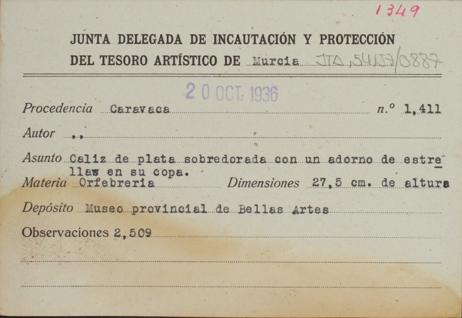 Ficha de un caliz de plata sobredorada con un adorno de estrellas en su copa, de autor desconocido, procedente de Caravaca.