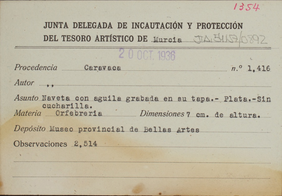 Ficha de una naveta de plata sin cucharilla con águila grabada en su tapa, de autor desconocido, procedente de Caravaca.