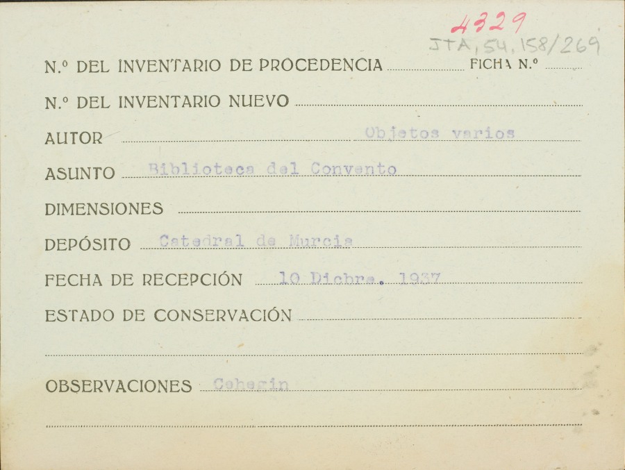 Ficha de la biblioteca del Convento, procedente de Cehegín.