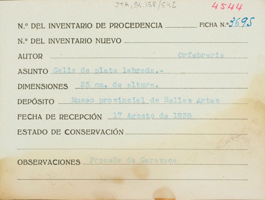 Ficha de un cáliz de plata labrada, de autor desconocido, procedente de Caravaca.