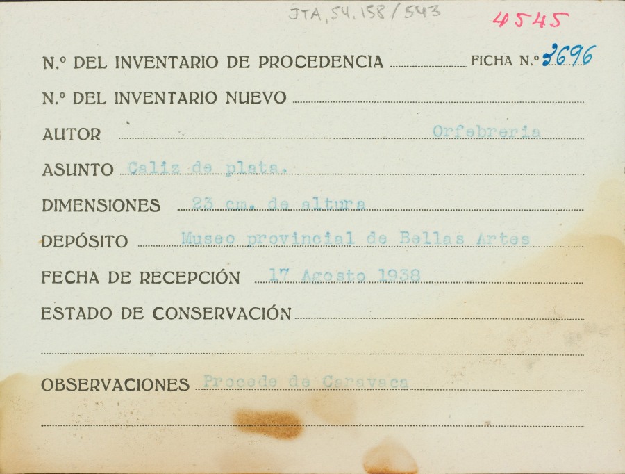 Ficha de un cáliz de plata, de autor desconocido, procedente de Caravaca.