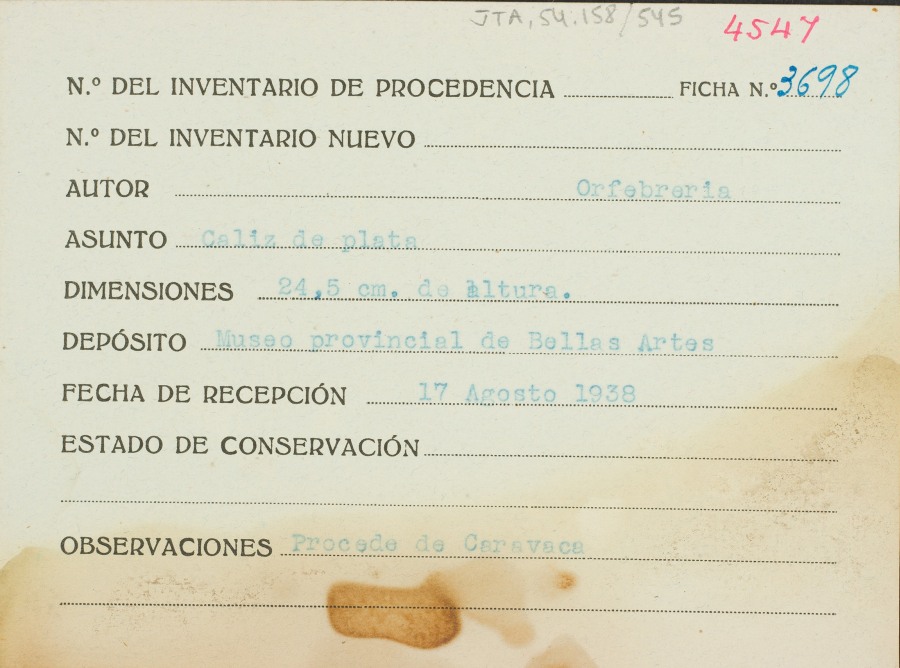 Ficha de un cáliz de plata, de autor desconocido, procedente de Caravaca.