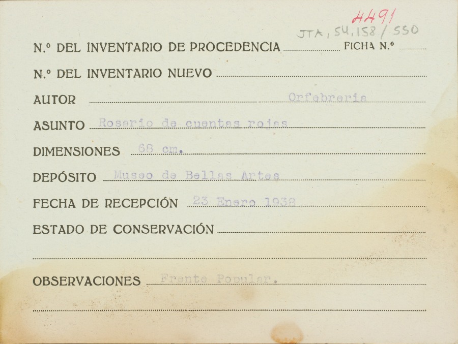 Ficha de un rosario de cuentas rojas, de autor desconocido, procedente del Frente Popular.