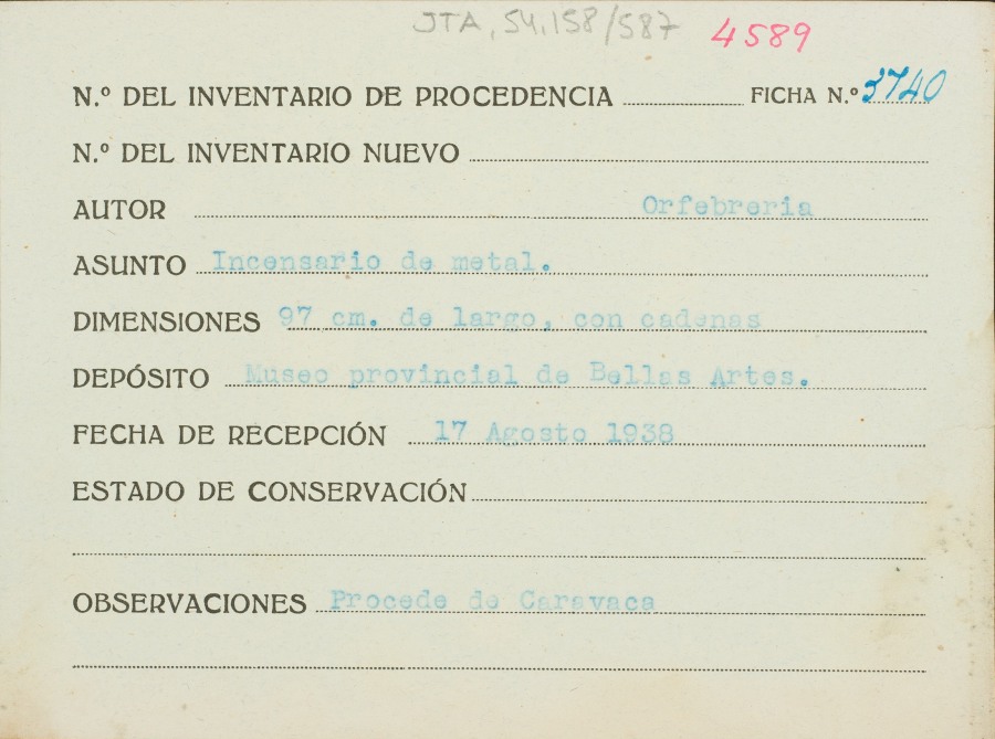 Ficha de un incensario de plata, de autor desconocido, procedente de Caravaca.
