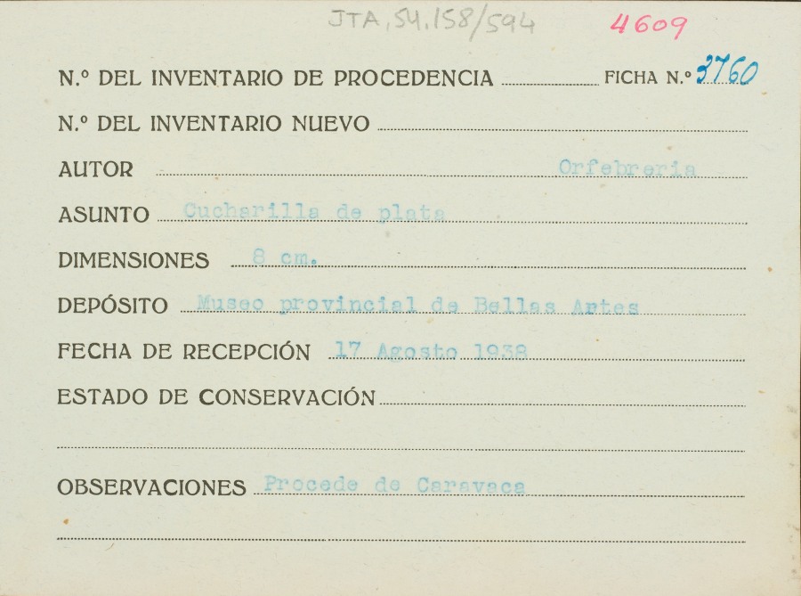 Ficha de una cucharilla de plata, de autor desconocido, procedente de Caravaca.