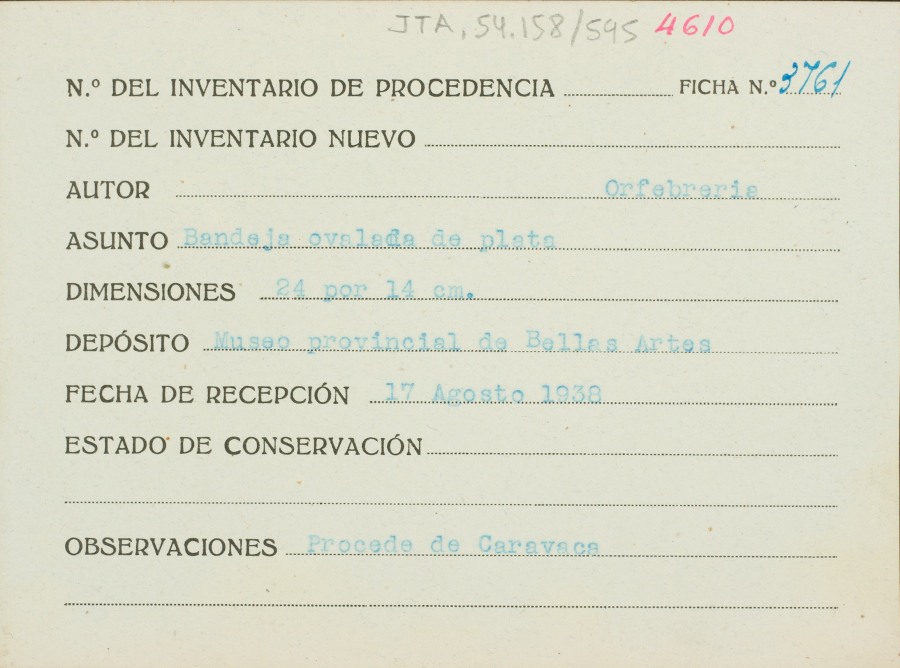 Ficha de una bandeja ovalada de plata, de autor desconocido, procedente de Caravaca.