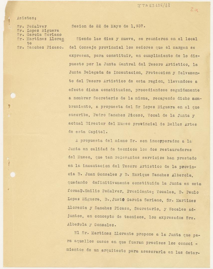 Borrador del acta de la sesión constitutiva de la Junta Delegada de Incautación, Protección y Salvamento del Tesoro Artístico de Murcia de 22 de mayo de 1937