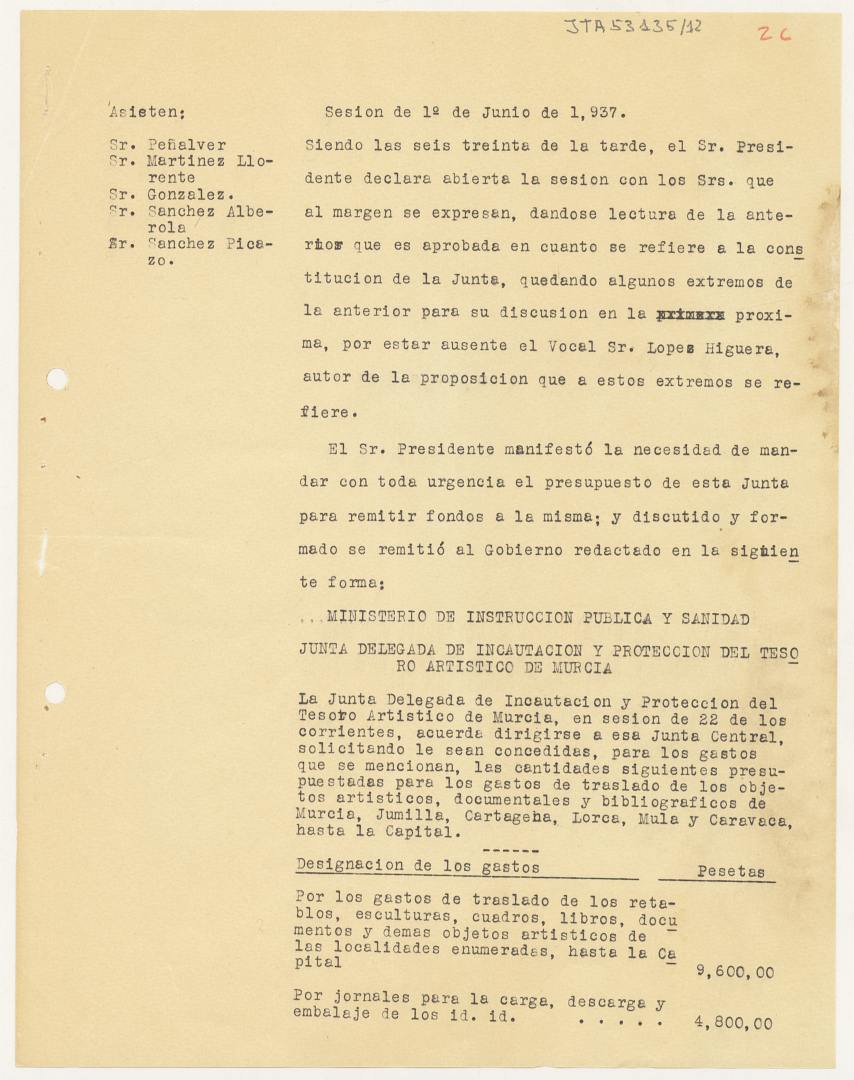 Borrador del acta de la Junta Delegada de Incautación, Protección y Salvamento del Tesoro Artístico de Murcia de 1 de junio de 1937