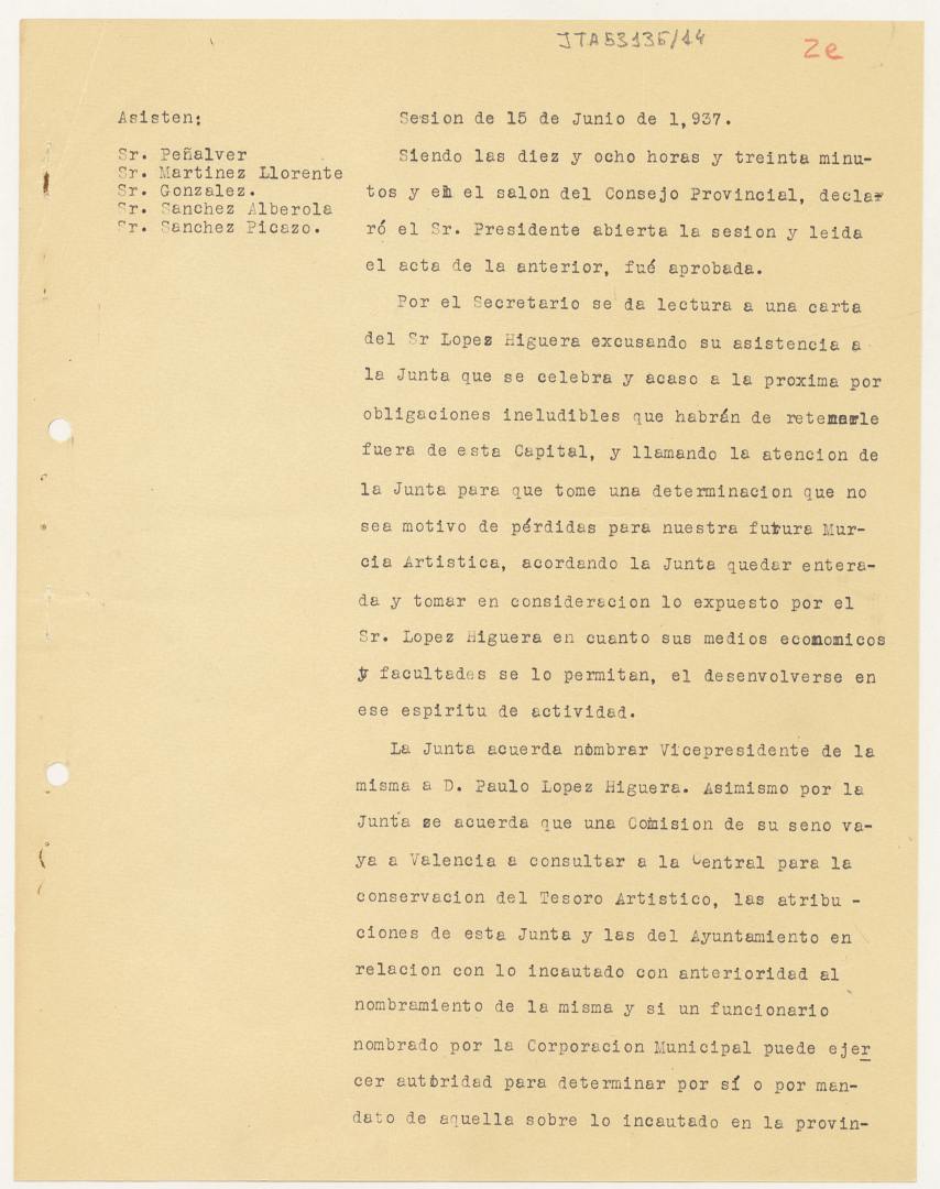 Borrador del acta de la Junta Delegada de Incautación, Protección y Salvamento del Tesoro Artístico de Murcia de 15 de junio de 1937