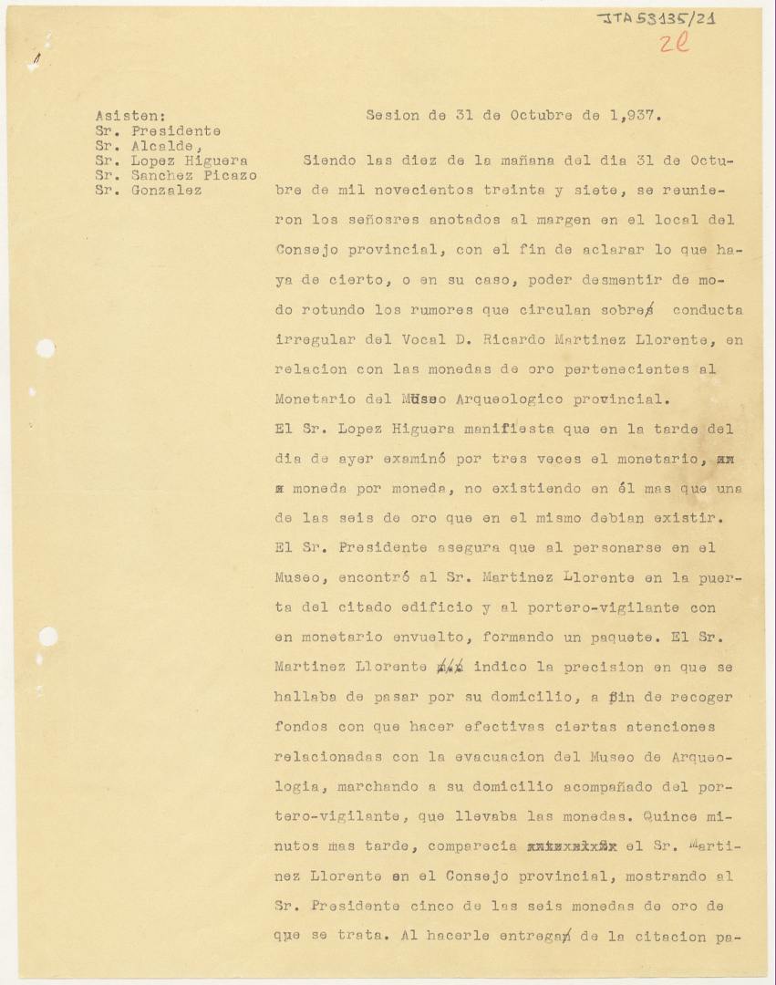 Borrador del acta de la Junta Delegada de Incautación, Protección y Salvamento del Tesoro Artístico de Murcia de 31 de octubre de 1937