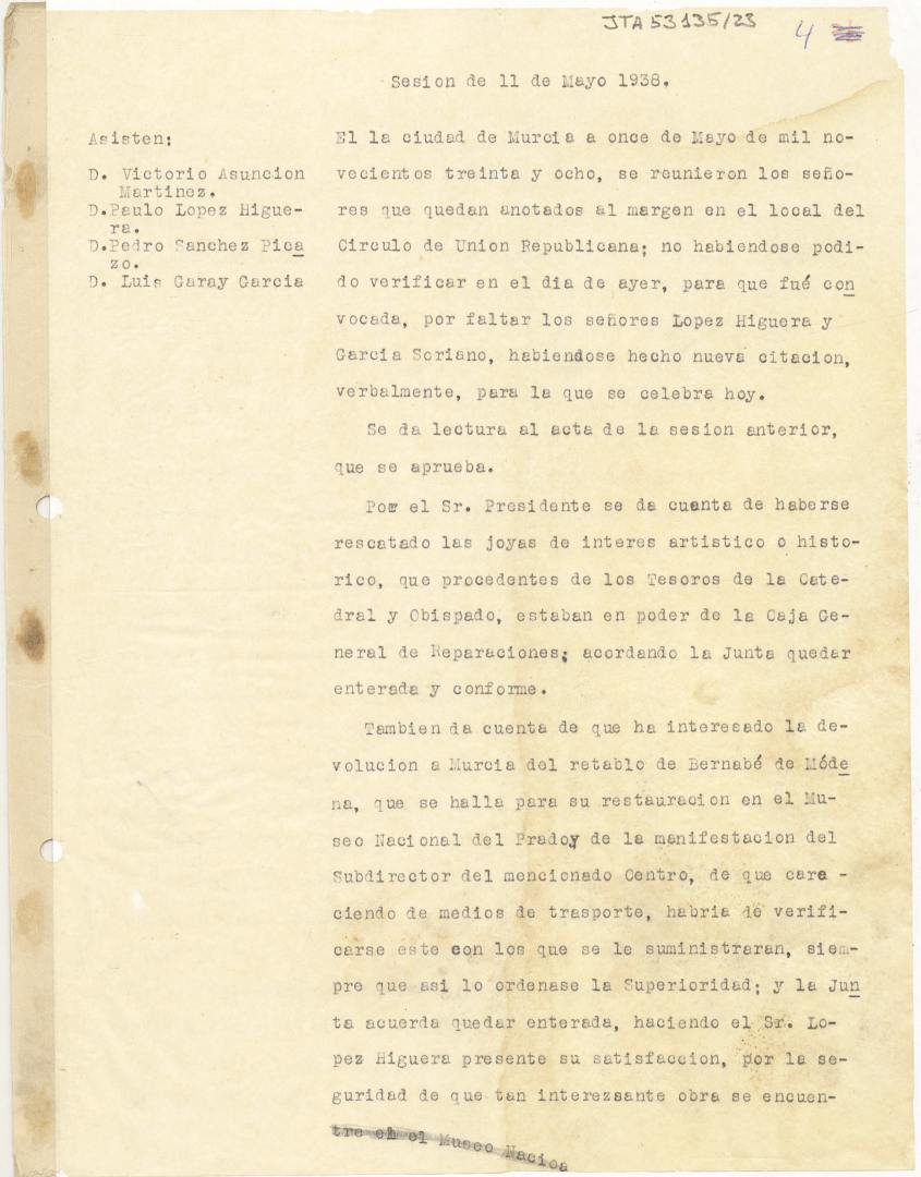 Borrador del acta de la Junta Delegada de Incautación, Protección y Salvamento del Tesoro Artístico de Murcia de 11 de mayo de 1938