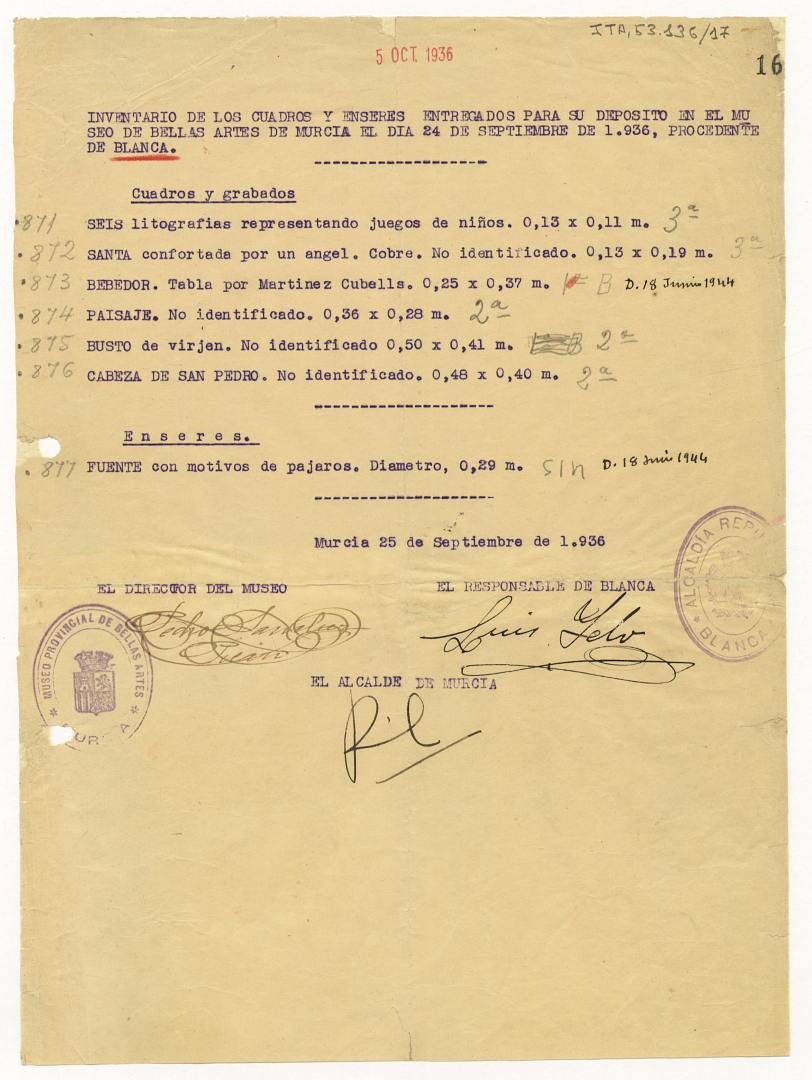 Acta nº 16. Inventario de los cuadros y enseres entregados para su depósito en el Museo de Bellas Artes de Murcia el 24 de septiembre de 1936 procedentes de Blanca
