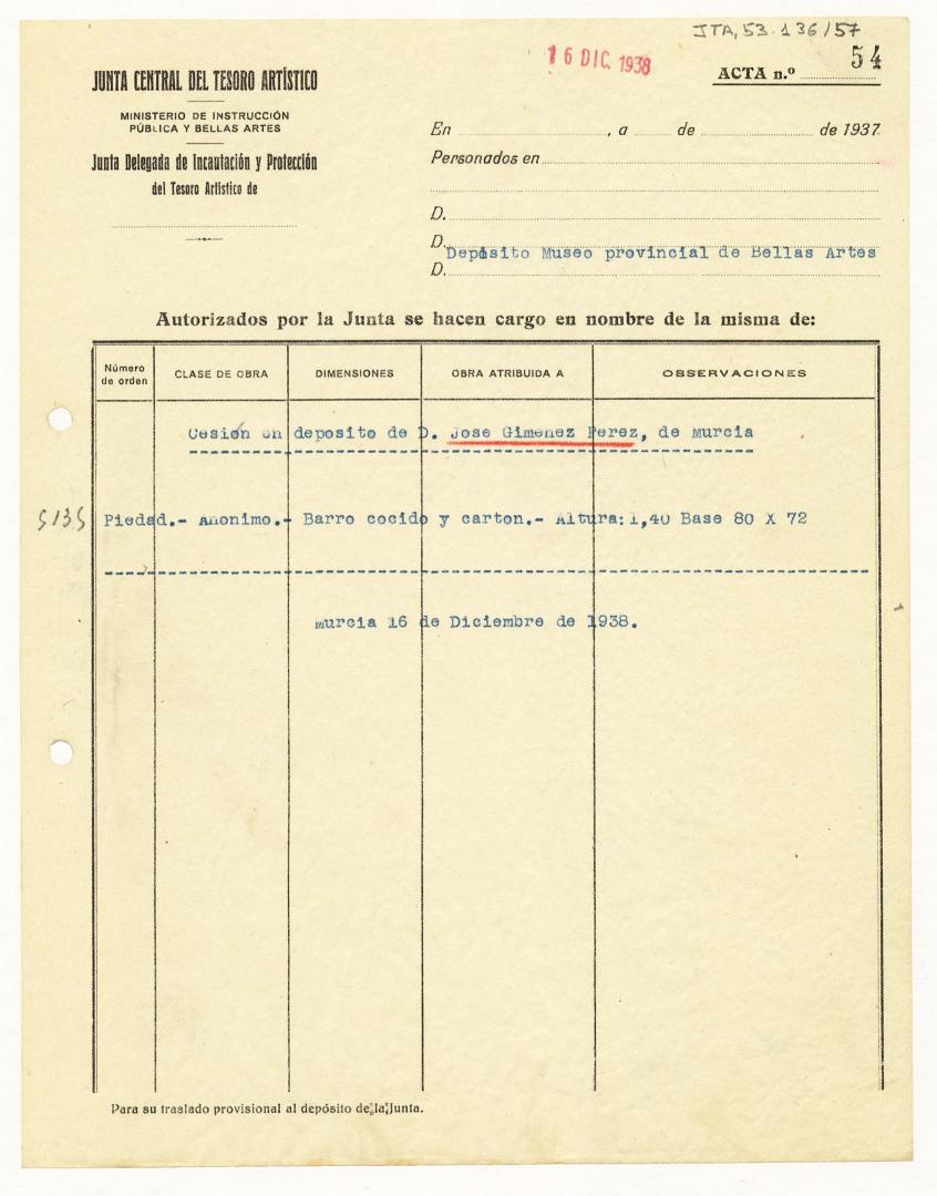 Acta nº 54 por la que José Giménez Pérez entrega en depósito a la Junta Delegada de Incautación una obra para su custodia en el Museo de Bellas Artes de Murcia.