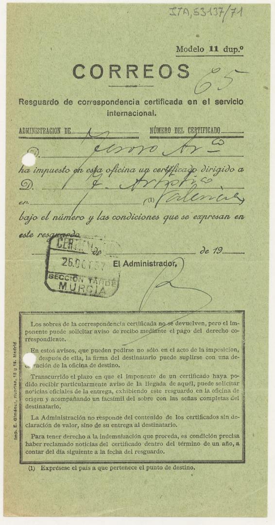 Resguardo de envío certificado de Correos remitido por la Junta Delegada de Murcia a la Central en Valencia