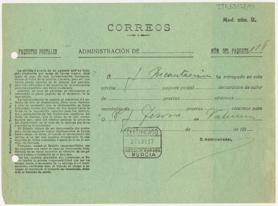 Resguardo de envío certificado de Correos remitido por la Junta Delegada de Murcia a la Central en Valencia