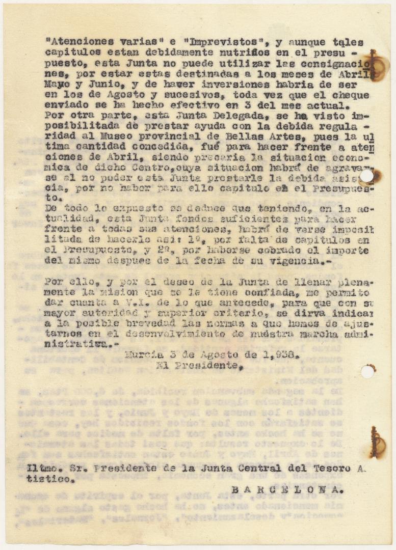 Minuta de oficio de la Junta Delegada de Murcia a la Central, acusando recibo del cheque y el giro postal por importe de las 12.000 pesetas del presupuesto del 2º trimestre de 1938