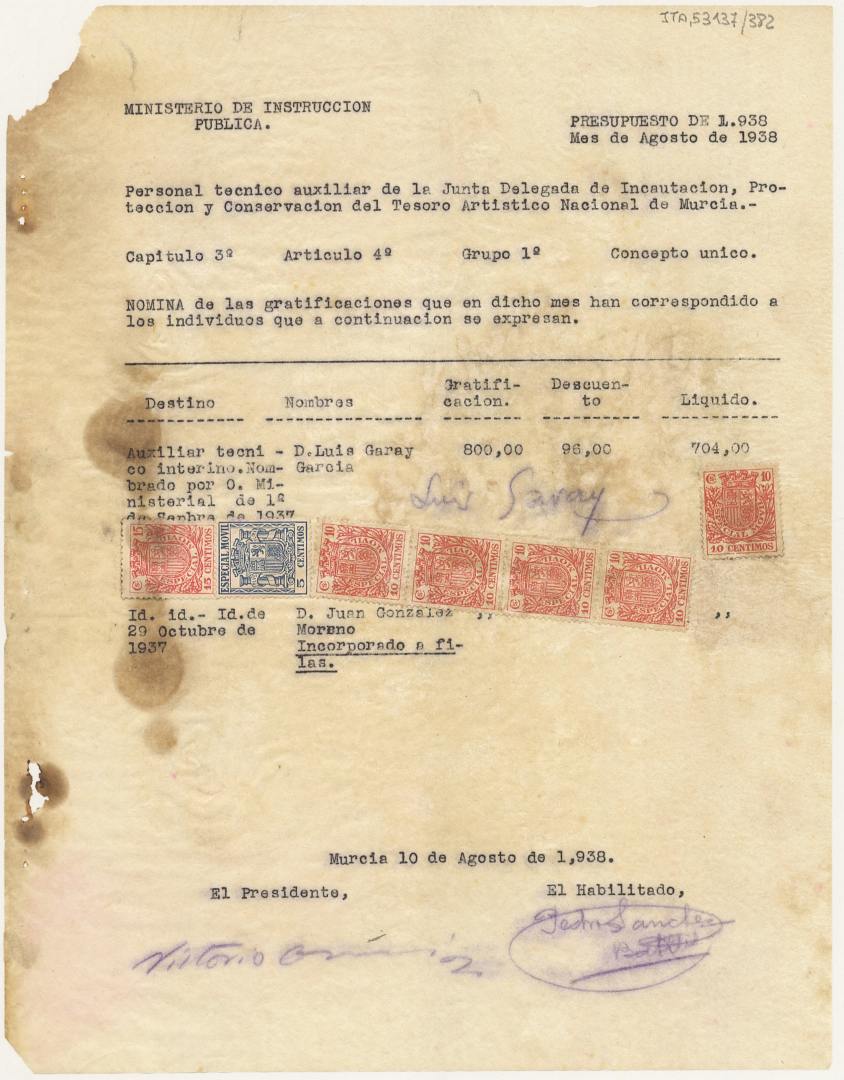 Nómina del personal técnico auxiliar de la Junta Delegada de Murcia. Agosto de 1938.