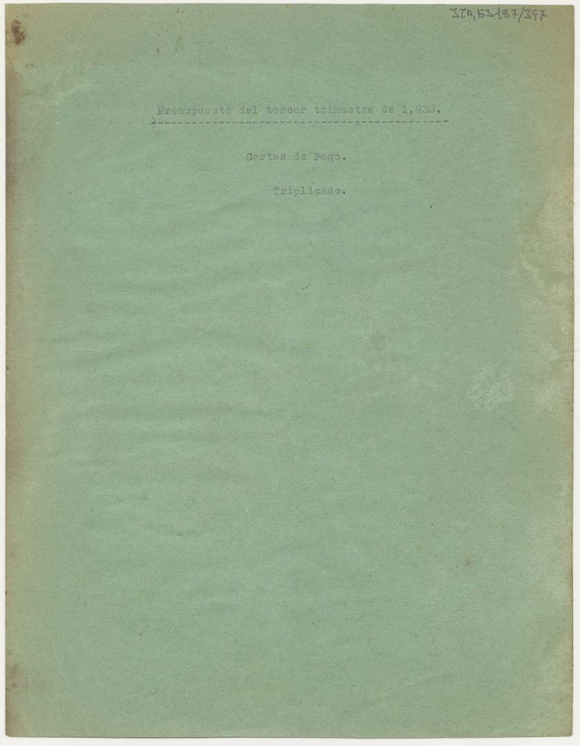 Triplicado de la 
carta de pago nº 3 de la Junta Delegada de Murcia correspondiente al presupuesto del tercer trimestre de 1938.