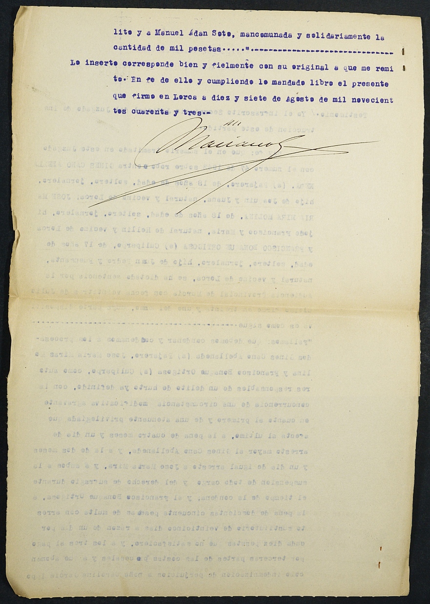 Registro de penados del Juzgado Municipal de Lorca. Año 1943.