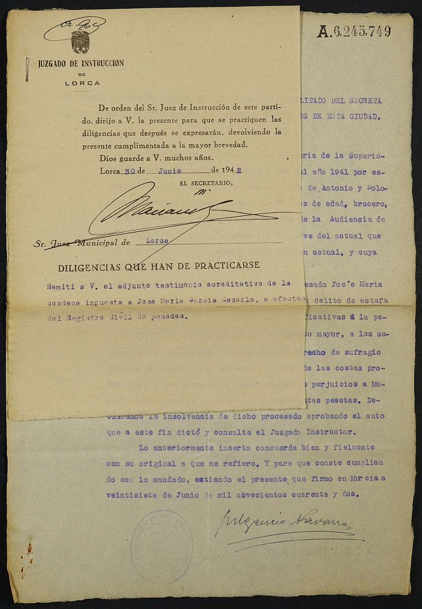 Registro de penados del Juzgado Municipal de Lorca. Año 1942.