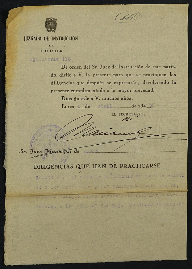 Registro de penados del Juzgado Municipal de Lorca. Año 1942.