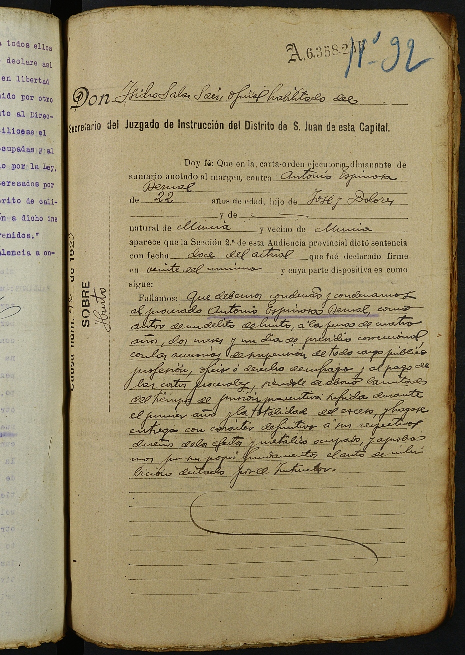 Registro de penados del Juzgado Municipal del Distrito de San Juan de Murcia. Años 1922 a 1925.