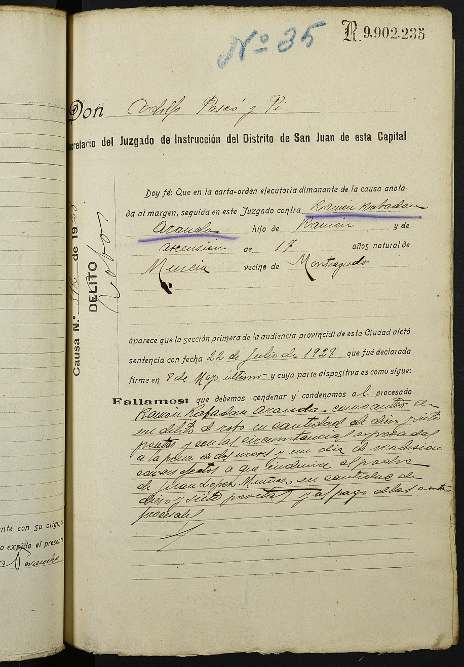 Registro de penados del Juzgado Municipal del Distrito de la Catedral de Murcia. Años 1929 a 1932.