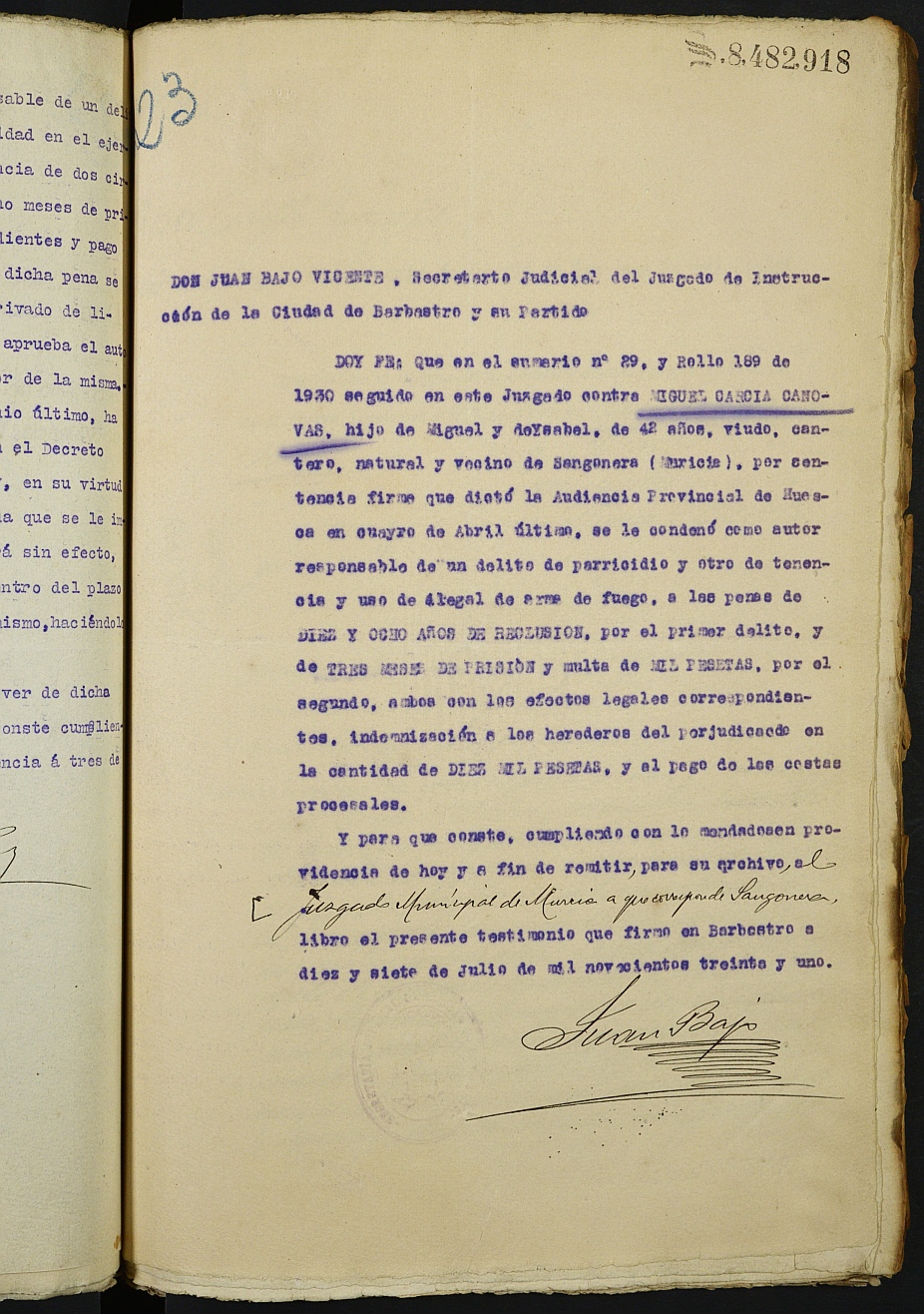 Registro de penados del Juzgado Municipal del Distrito de la Catedral de Murcia. Años 1929 a 1932.