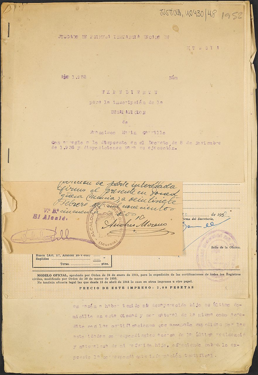 Expediente s.n./1952 del Juzgado de Primera Instancia Nº 1 de Murcia para la inscripción en el Registro Civil de Francisco Marín Carrillo, desaparecido en el frente del Ebro en enero de 1939.