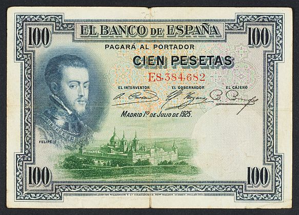Billete de 100 pesetas emitido en 1925 e incluido en las diligencias penales s.n./1974 contra Antonio Carrasco por tener dinero puesto en circulación por los rojos.