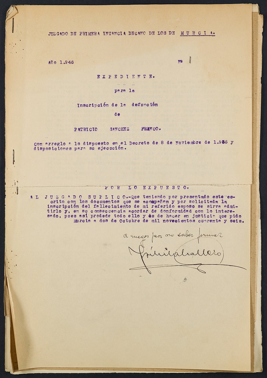 Expediente nº 1/1946 del Juzgado de Primera Instancia de Murcia para la inscripción en el Registro Civil  la defunción en el frente de Patricio Sánchez Franco.