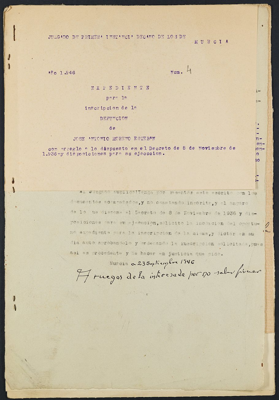 Expediente nº 4/1946 del Juzgado de Primera Instancia de Murcia para la inscripción en el Registro Civil por la defunción en el frente de José Antonio Moreno Esteban.