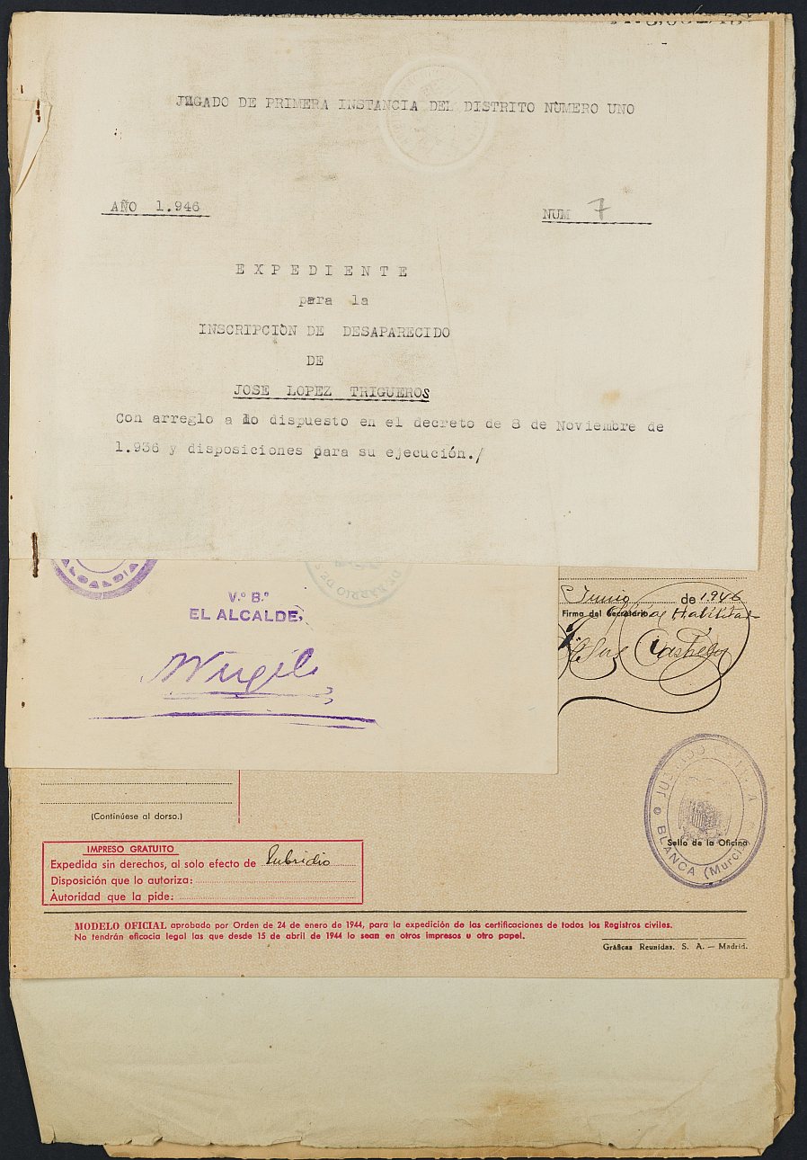 Expediente nº 7/1946 del Juzgado de Primera Instancia de Murcia para la inscripción en el Registro Civil por la desaparición en el frente de José López Trigueros.