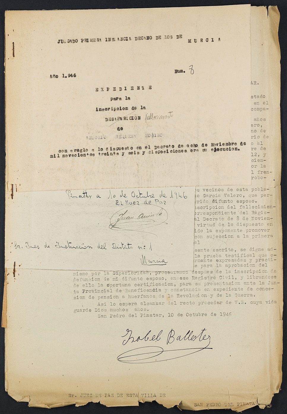 Expediente nº 8/1946 del Juzgado de Primera Instancia de Murcia para la inscripción en el Registro Civil por la defunción en el frente de Antonio Requena Moñino.