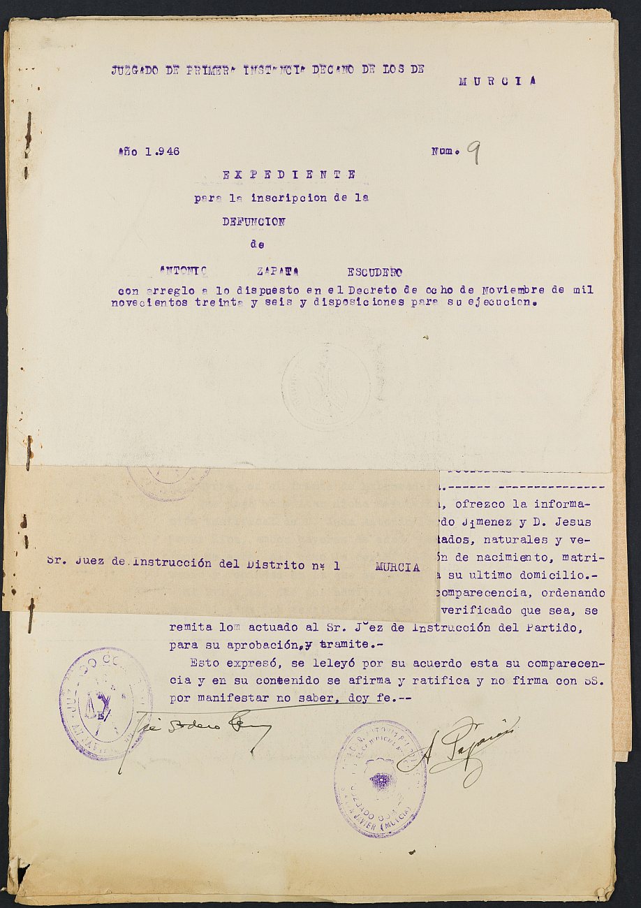 Expediente nº 9/1946 del Juzgado de Primera Instancia de Murcia para la inscripción en el Registro Civil por la defunción en el frente de Antonio Zapata Escudero.