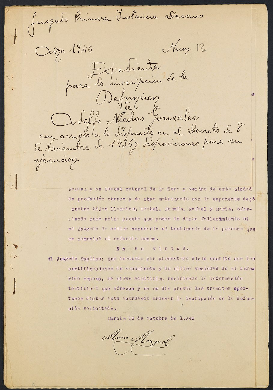 Expediente nº 13/1946 del Juzgado de Primera Instancia e Instrucción de Murcia para la inscripción en el Registro Civil por la defunción en el frente de Adolfo Nicolás González.