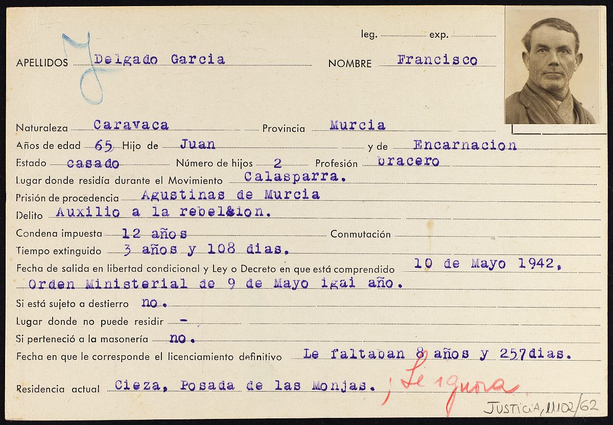 Ficha de control del liberado Francisco Delgado García, vecino de Cieza.