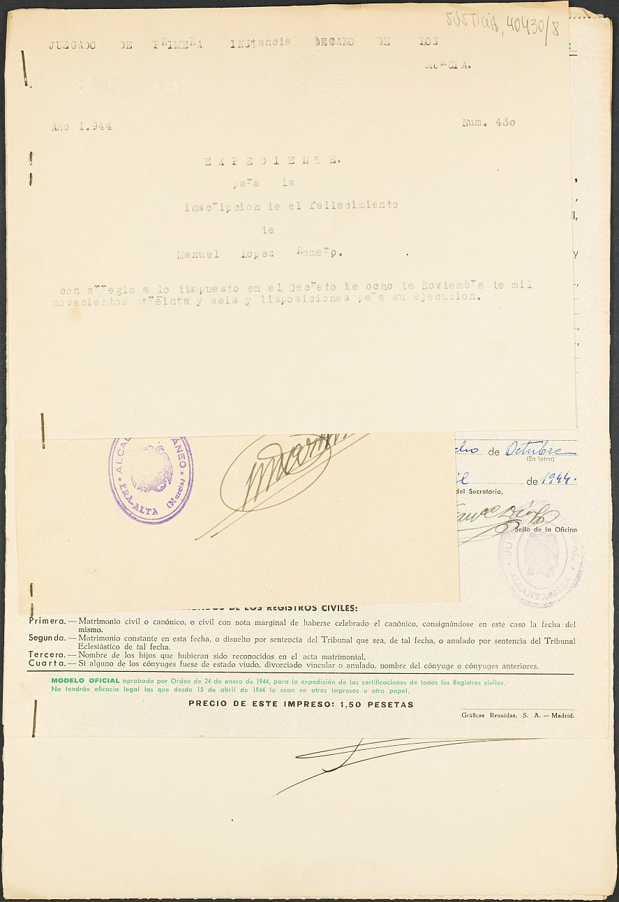 Expediente 430/1944 del Juzgado de Primera Instancia Nº 1 de Murcia para la inscripción en el Registro Civil de Manuel López Romero, fallecido en el frente de Teruel el día 21 de diciembre de 1937.