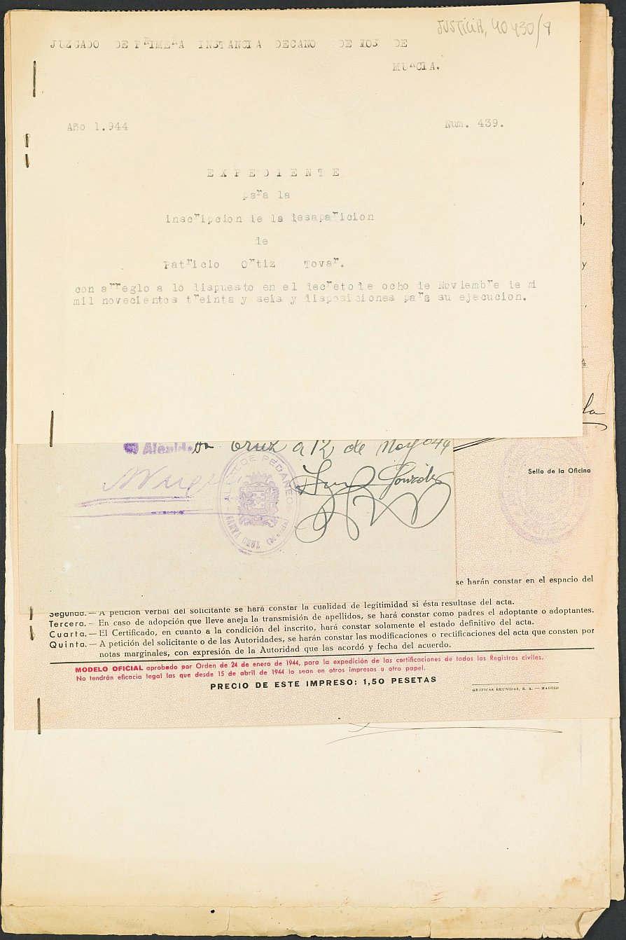 Expediente 439/1944 del Juzgado de Primera Instancia Nº 1 de Murcia para la inscripción en el Registro Civil de Patricio Ortiz Tovar, desaparecido en el frente del Jarama día 21 de octubre de 1937.