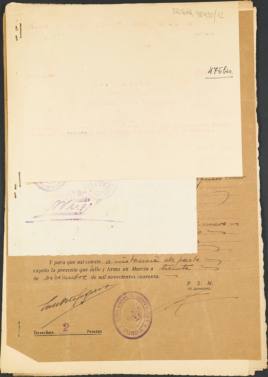 Expediente 476/1944 bis del Juzgado de Primera Instancia Nº 1 de Murcia para la inscripción en el Registro Civil de Antonio Barquero Marín, fallecido en el frente de Extremadura, el día 18 de febrero de 1938.