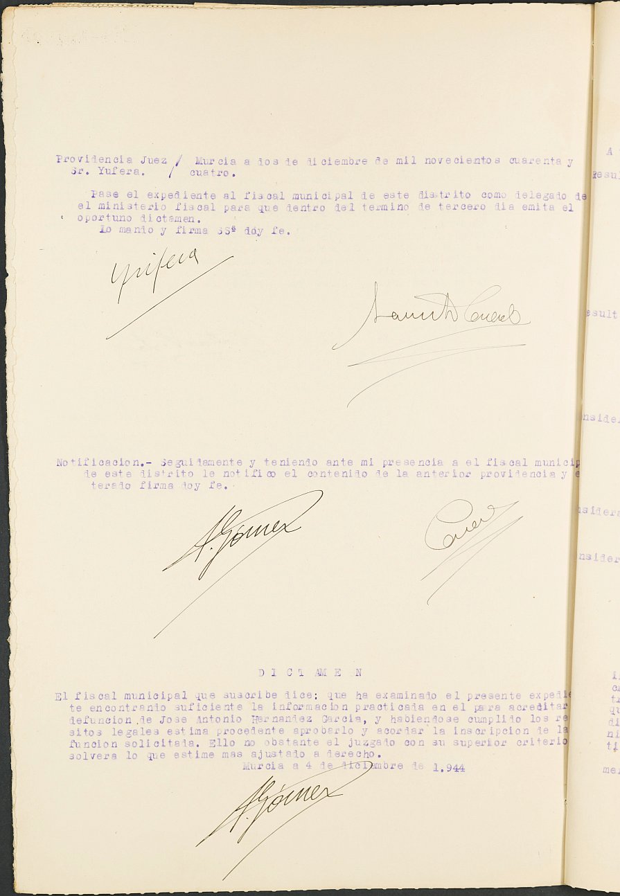 Expediente 603/1944 del Juzgado de Primera Instancia Nº 1 de Murcia para la inscripción en el Registro Civil de José Antonio Hernández García, fallecido en el frente de Huesca, sector de Fraga, en febrero de 1938.