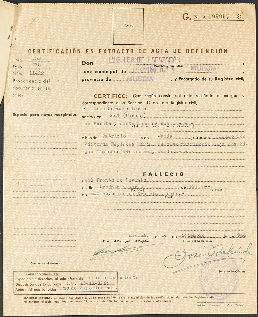 Expediente 610/1944 del Juzgado de Primera Instancia Nº 1 de Murcia para la inscripción en el Registro Civil de José Carmona Marín, incluido en la 101ª Brigada Mixta de la 46 División, fallecido en el frente de Levante, sector de Teruel, el 31 de enero de 1938.